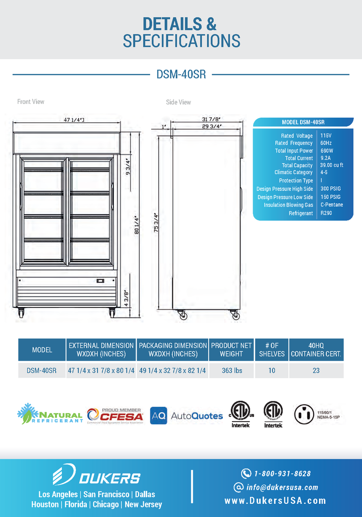Dukers DSM-40SR Commercial Glass Sliding 2-Door Merchandiser Refrigerator in Black