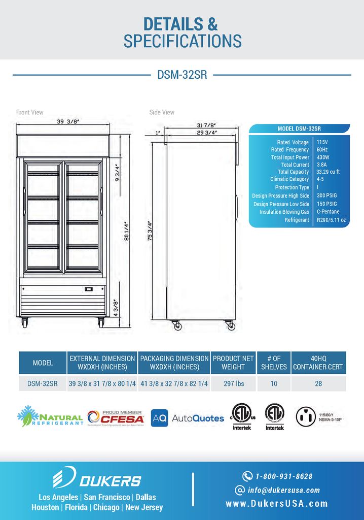 Dukers DSM-32SR Commercial Glass Sliding 2-Door Merchandiser Refrigerator