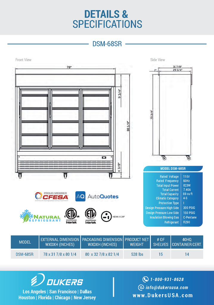 Dukers DSM-68SR Commercial Glass Sliding 3-Door Merchandiser Refrigerator
