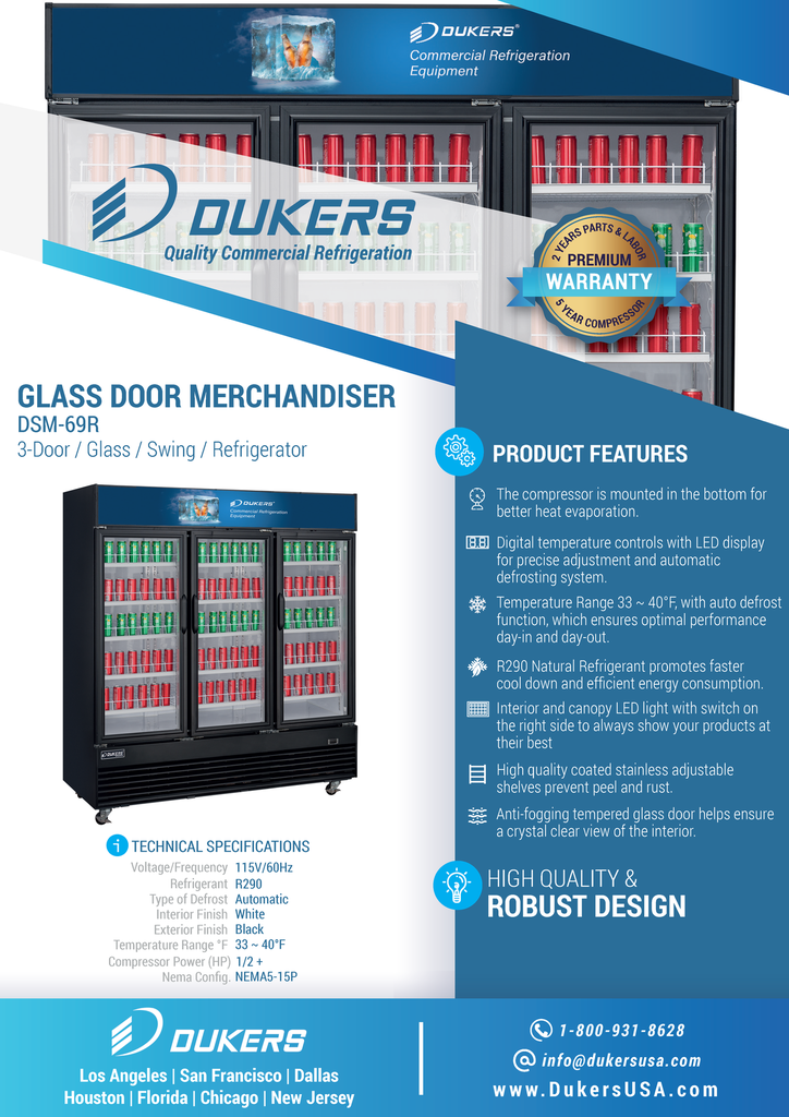 Dukers DSM-69R Commercial Glass Swing 3-Door Merchandiser Refrigerator