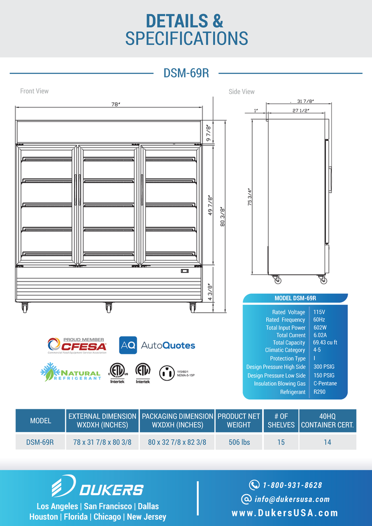 Dukers DSM-69R Commercial Glass Swing 3-Door Merchandiser Refrigerator