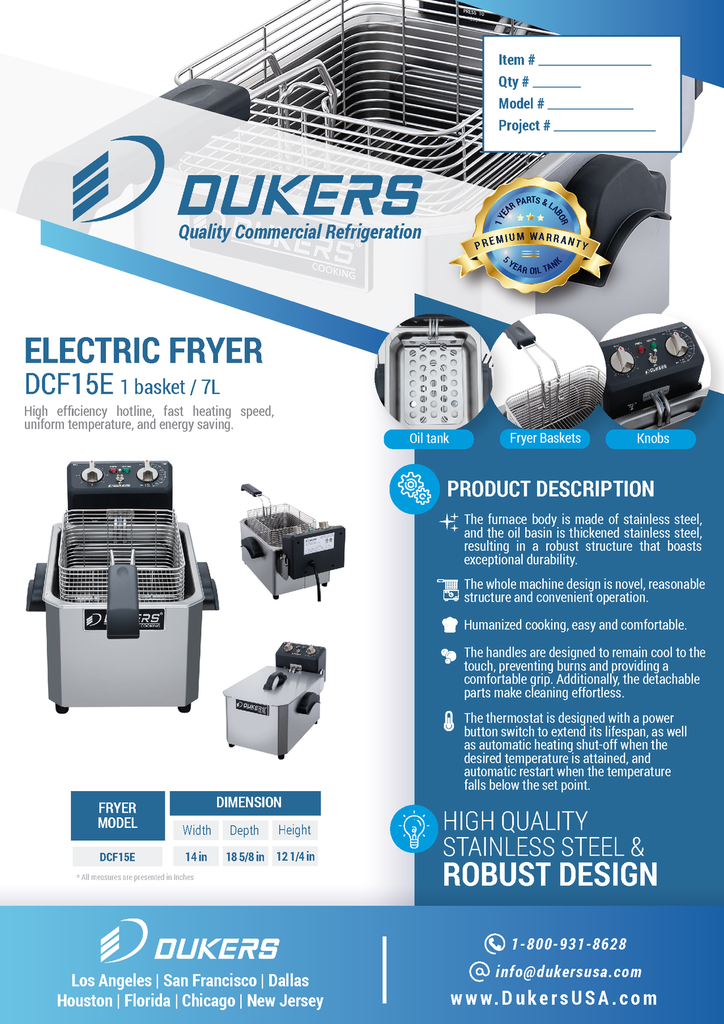 Dukers DCF15E 15lb One Basket Electric Countertop Fryer
