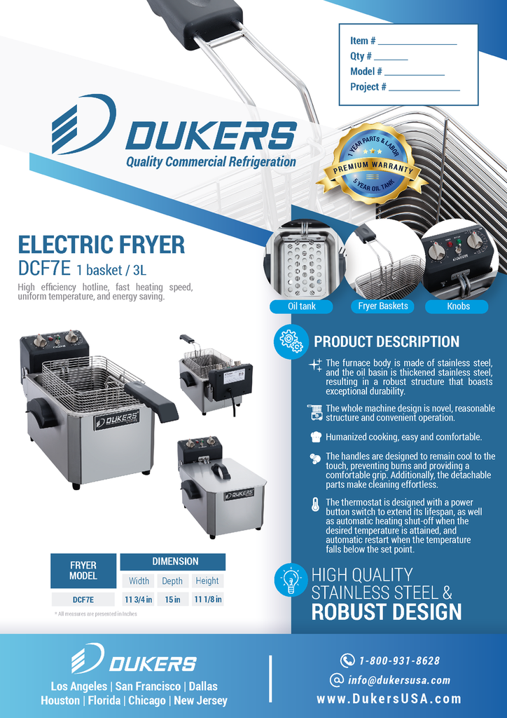 Dukers DCF7E 7lb Single Basket Electric Countertop Fryer