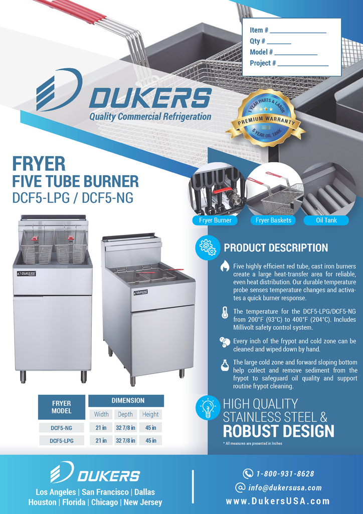 Dukers - DCF5-LPG, Commercial 40Lbs Deep Fryer with 3 Tube Burners Liquid Propane Gas BTU90000