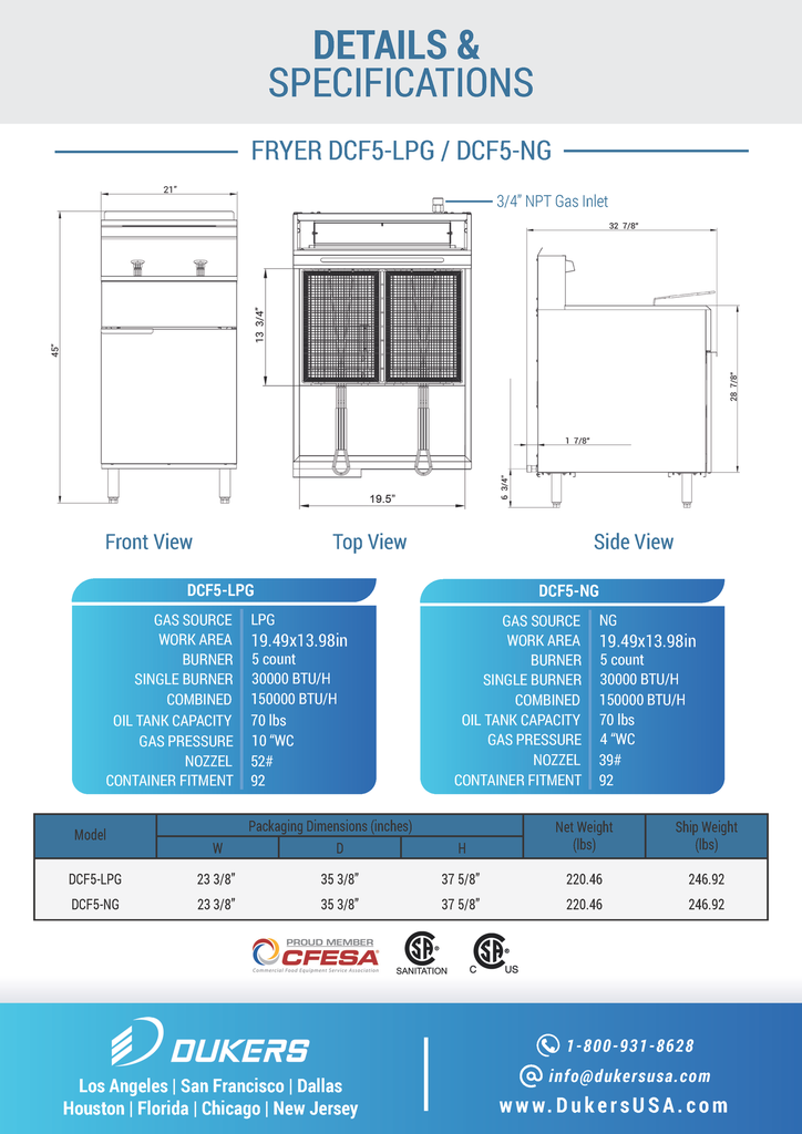 Dukers - DCF5-LPG, Commercial 40Lbs Deep Fryer with 3 Tube Burners Liquid Propane Gas BTU90000