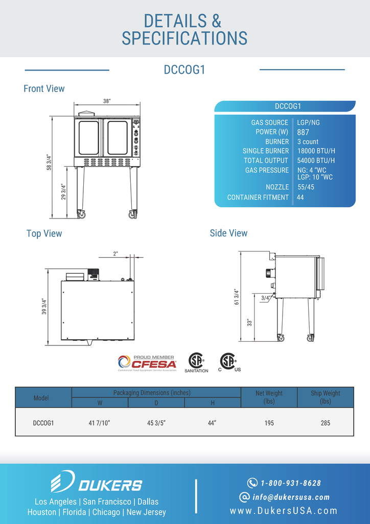 Dukers DCCOG1 Single Convection Oven