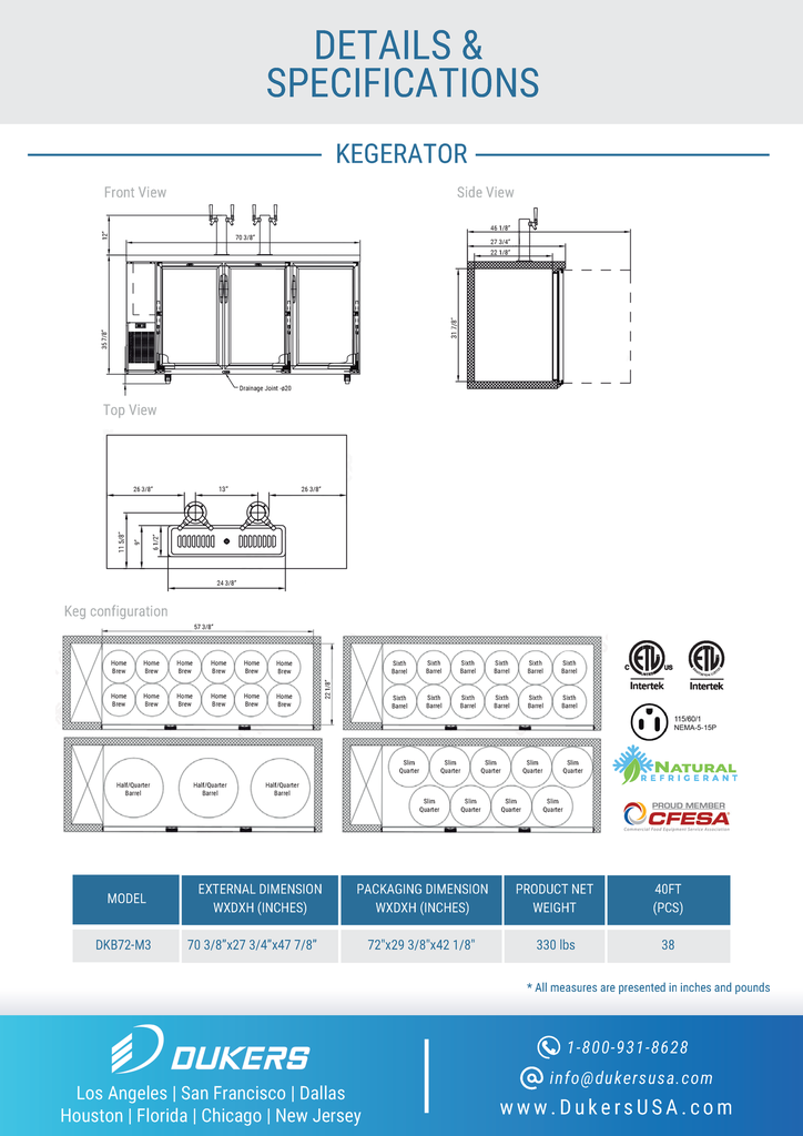Dukers DKB72-M3 Dual Tap Kegerator Beer Dispenser